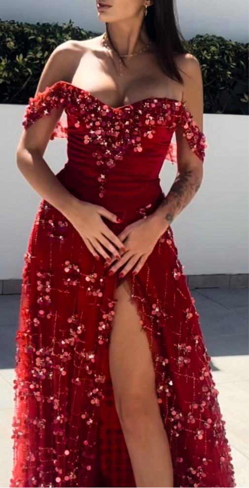 Miami Elegance red silk satin dress featuring heavy beaded and embroidered Italian handmade lace, a luxurious choice for formal events, galas, or glamorous evenings