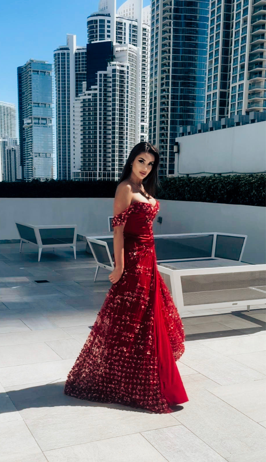 Miami Elegance red silk satin dress featuring heavy beaded and embroidered Italian handmade lace, a luxurious choice for formal events, galas, or glamorous evenings