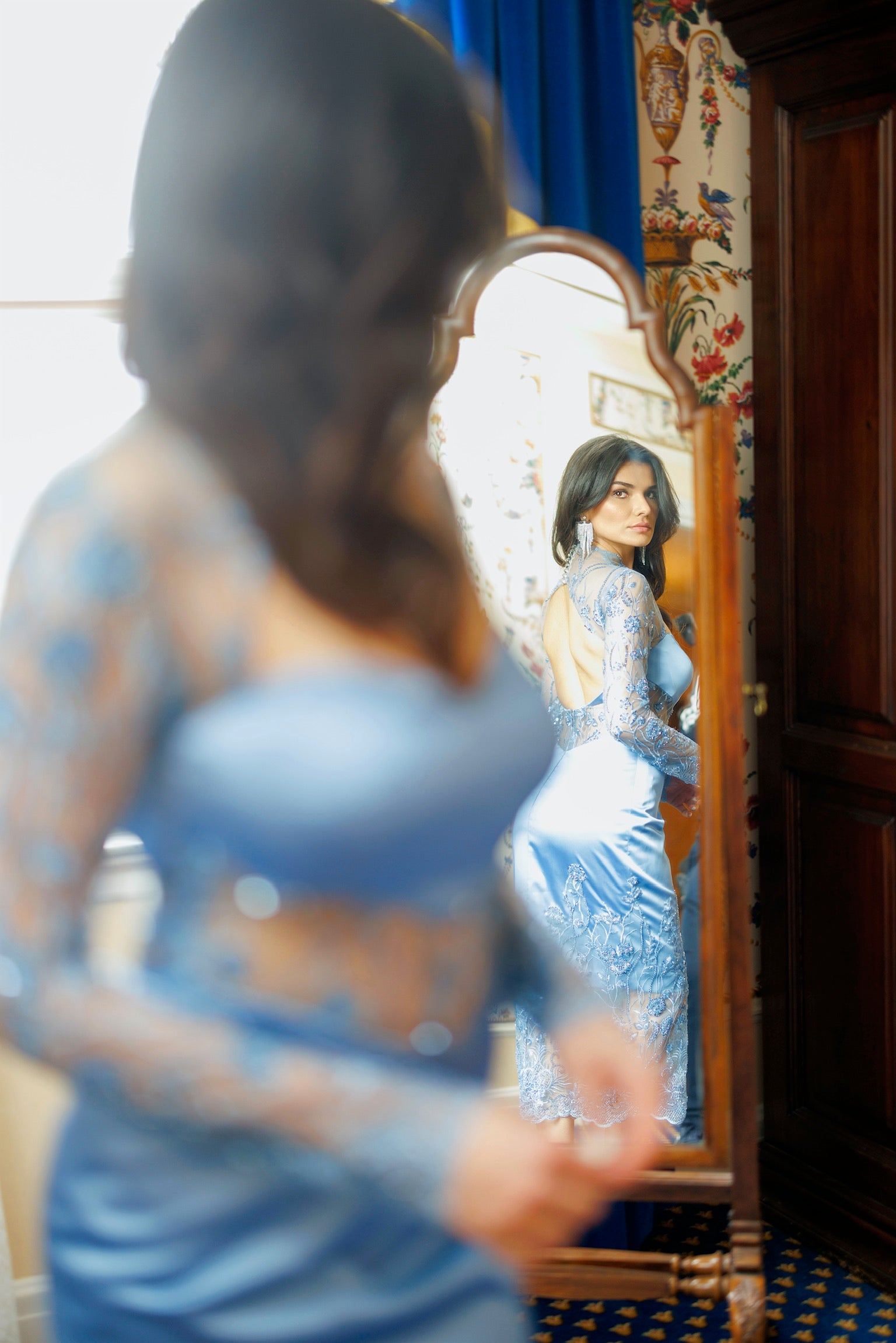 Sofia Midnight Elegance dress made from luxurious 100% silk satin with intricate Italian blue lace embroidery, perfect for special occasions, gala events, and formal wear. A stunning contrast of silk and lace exuding timeless sophistication