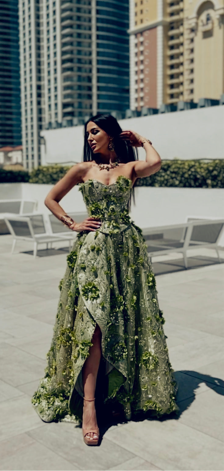 Green Summer Blossom dress crafted from liquid organza with handmade floral lace embroidery, showcased at Cannes 2024, perfect for summer events and special occasions.