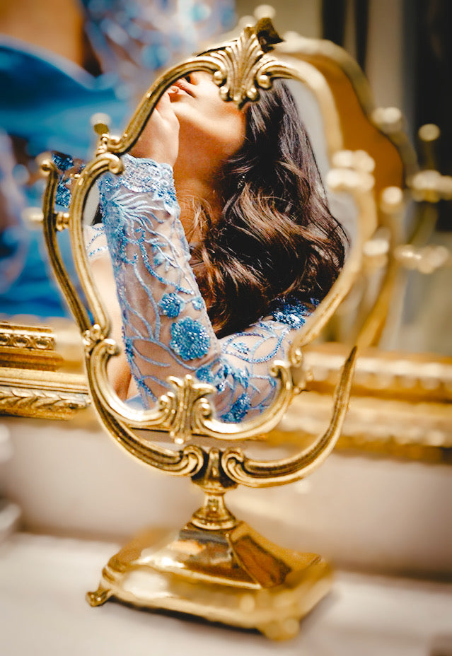 Sofia Midnight Elegance dress made from luxurious 100% silk satin with intricate Italian blue lace embroidery, perfect for special occasions, gala events, and formal wear. A stunning contrast of silk and lace exuding timeless sophistication