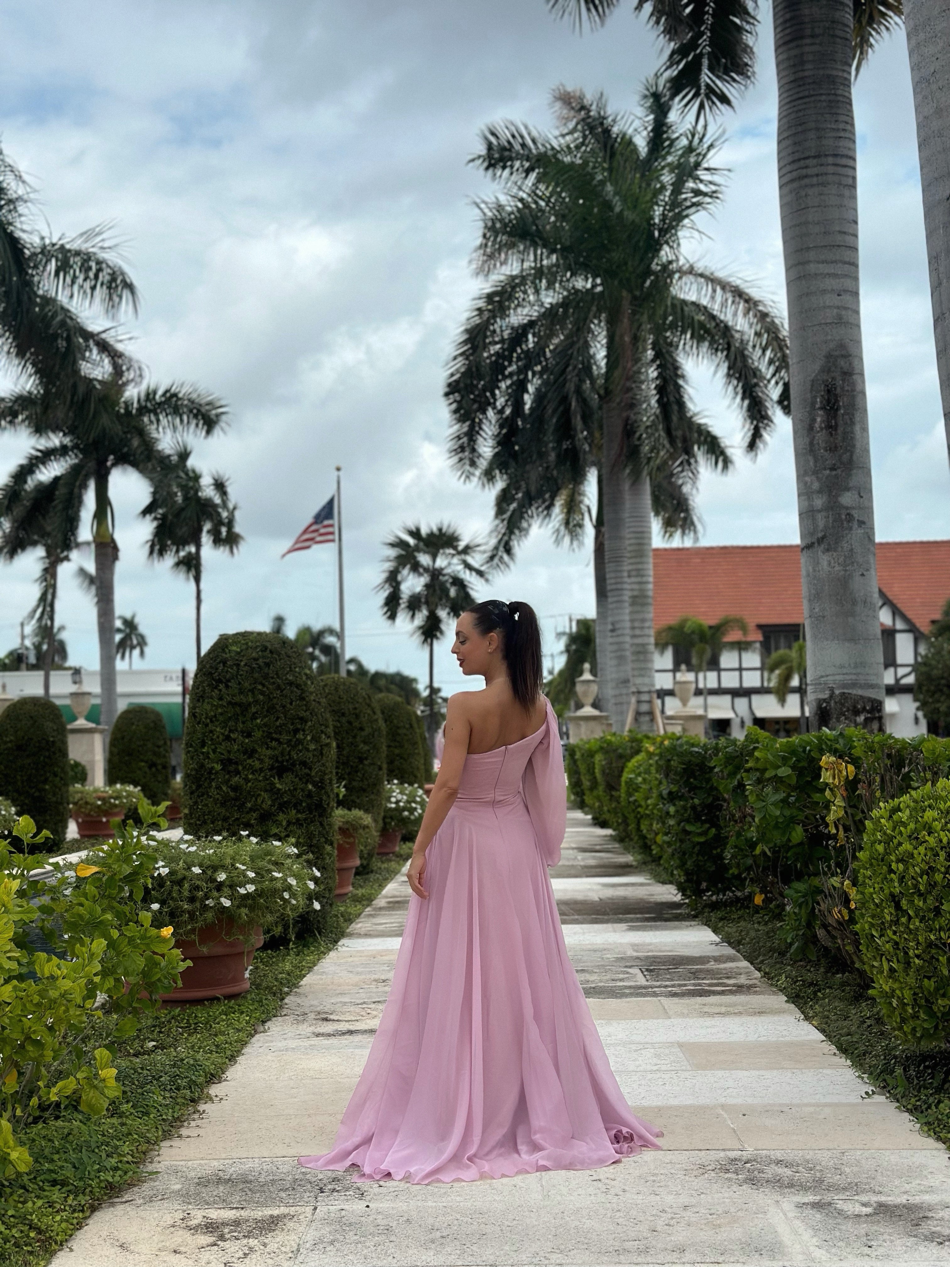 Elegant "Lavender Dream" one-shoulder gown with sparkling embellishments, asymmetrical design, cutout at the waist, and high slit, perfect for red carpet events and evening galas