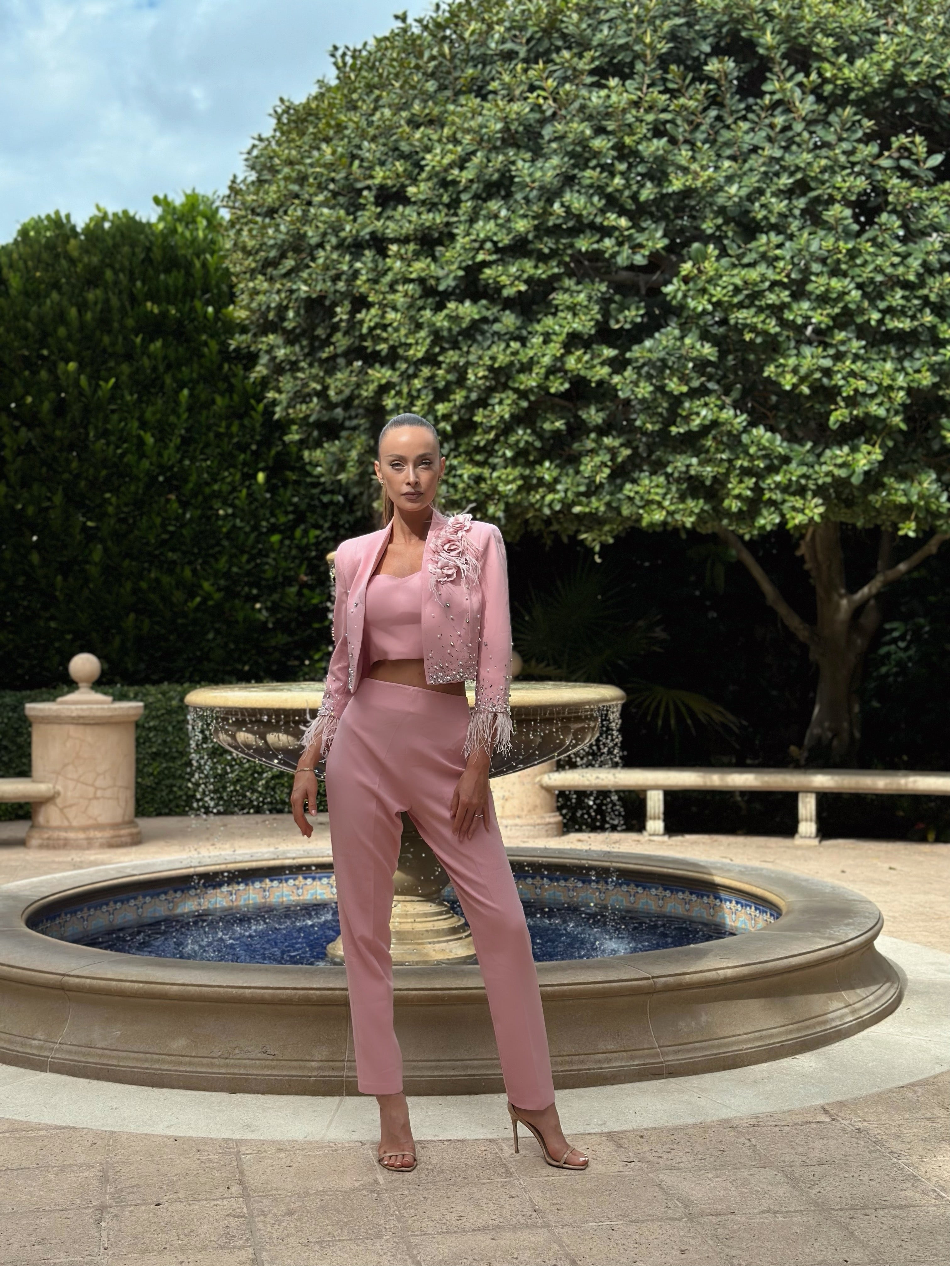 Blush Blossom Suit - a sophisticated two-piece ensemble in soft blush tones with floral-inspired accents, perfect for weddings, formal events, or chic office wear.