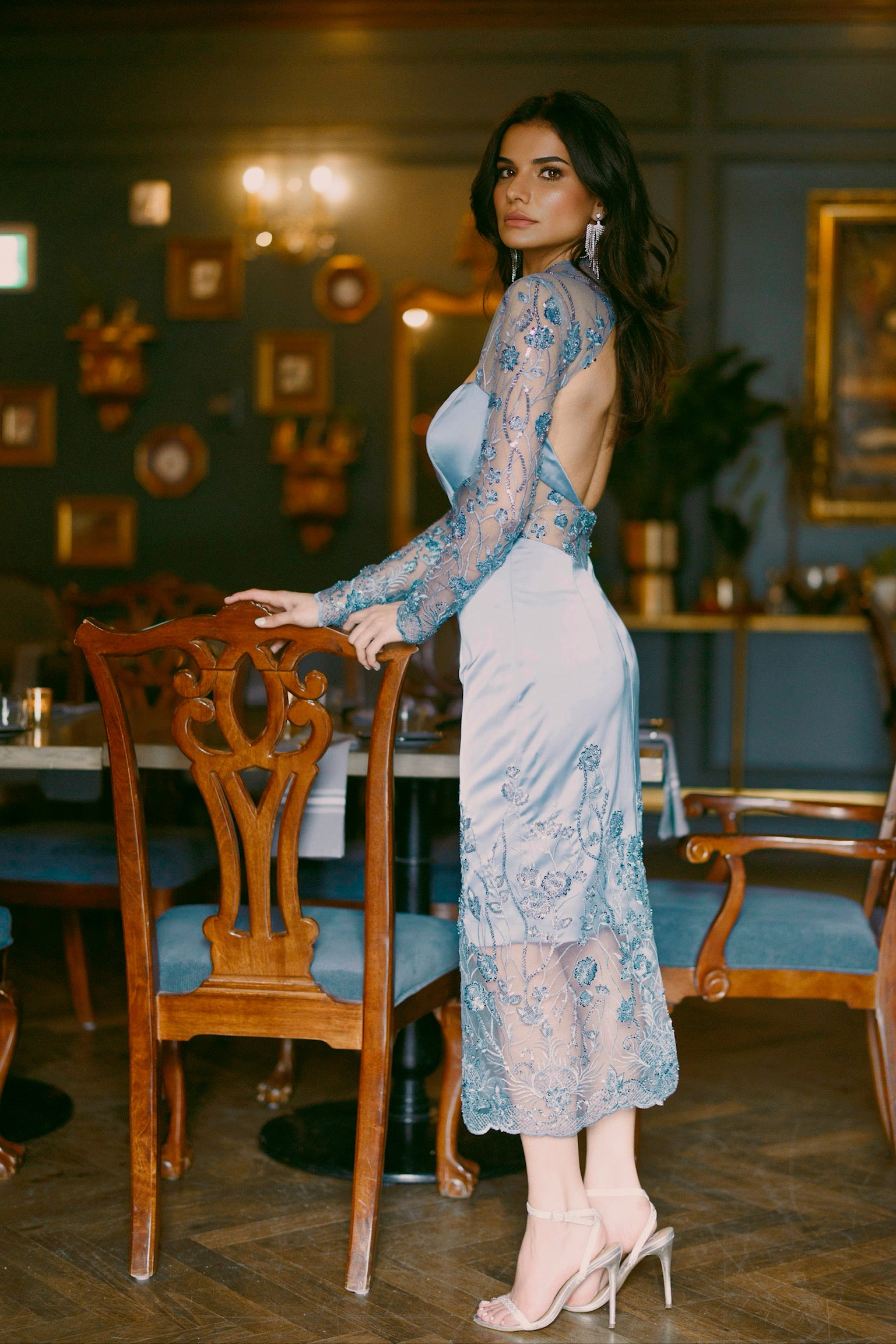 Sofia Midnight Elegance dress made from luxurious 100% silk satin with intricate Italian blue lace embroidery, perfect for special occasions, gala events, and formal wear. A stunning contrast of silk and lace exuding timeless sophistication