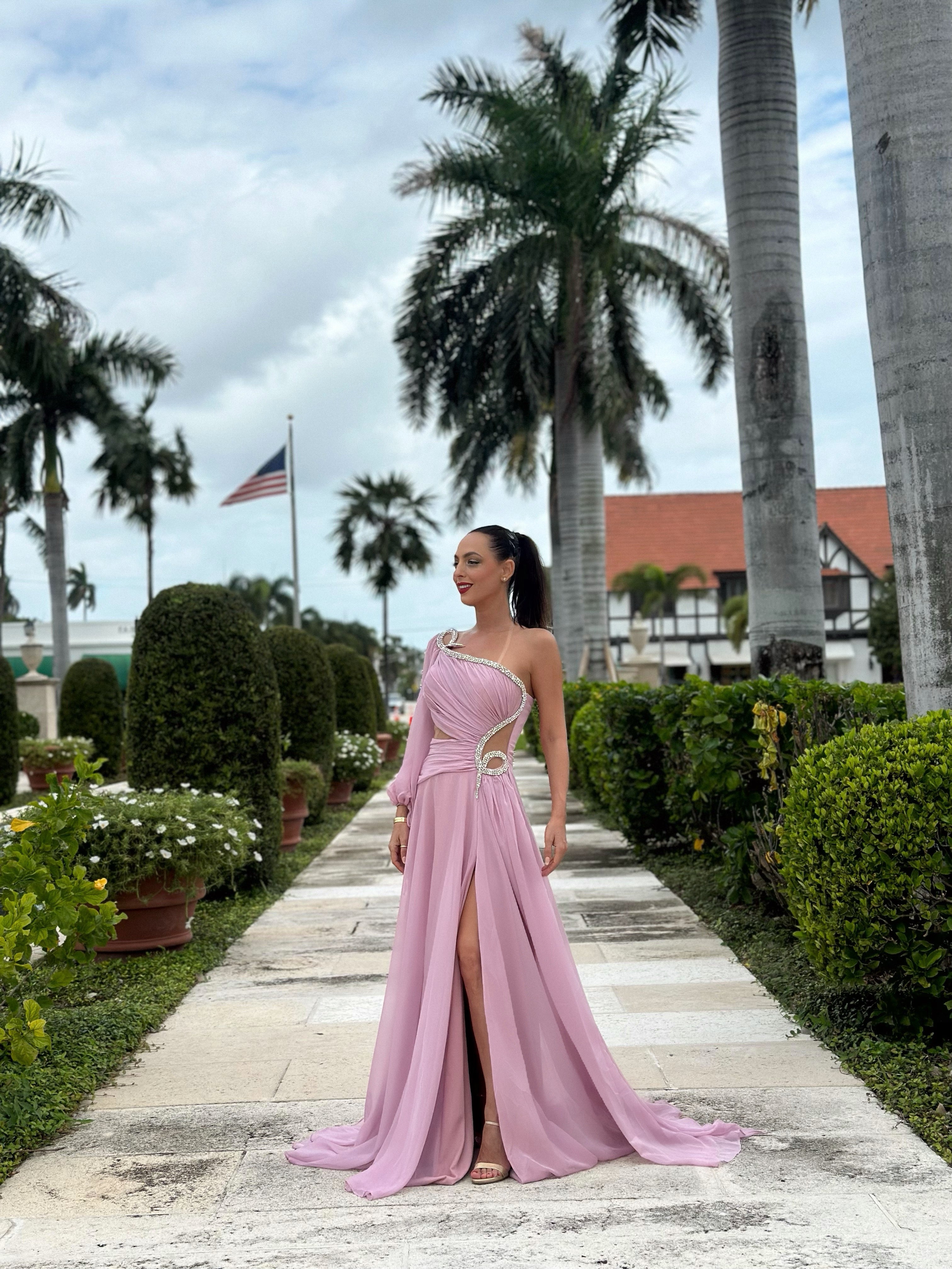 Elegant "Lavender Dream" one-shoulder gown with sparkling embellishments, asymmetrical design, cutout at the waist, and high slit, perfect for red carpet events and evening galas