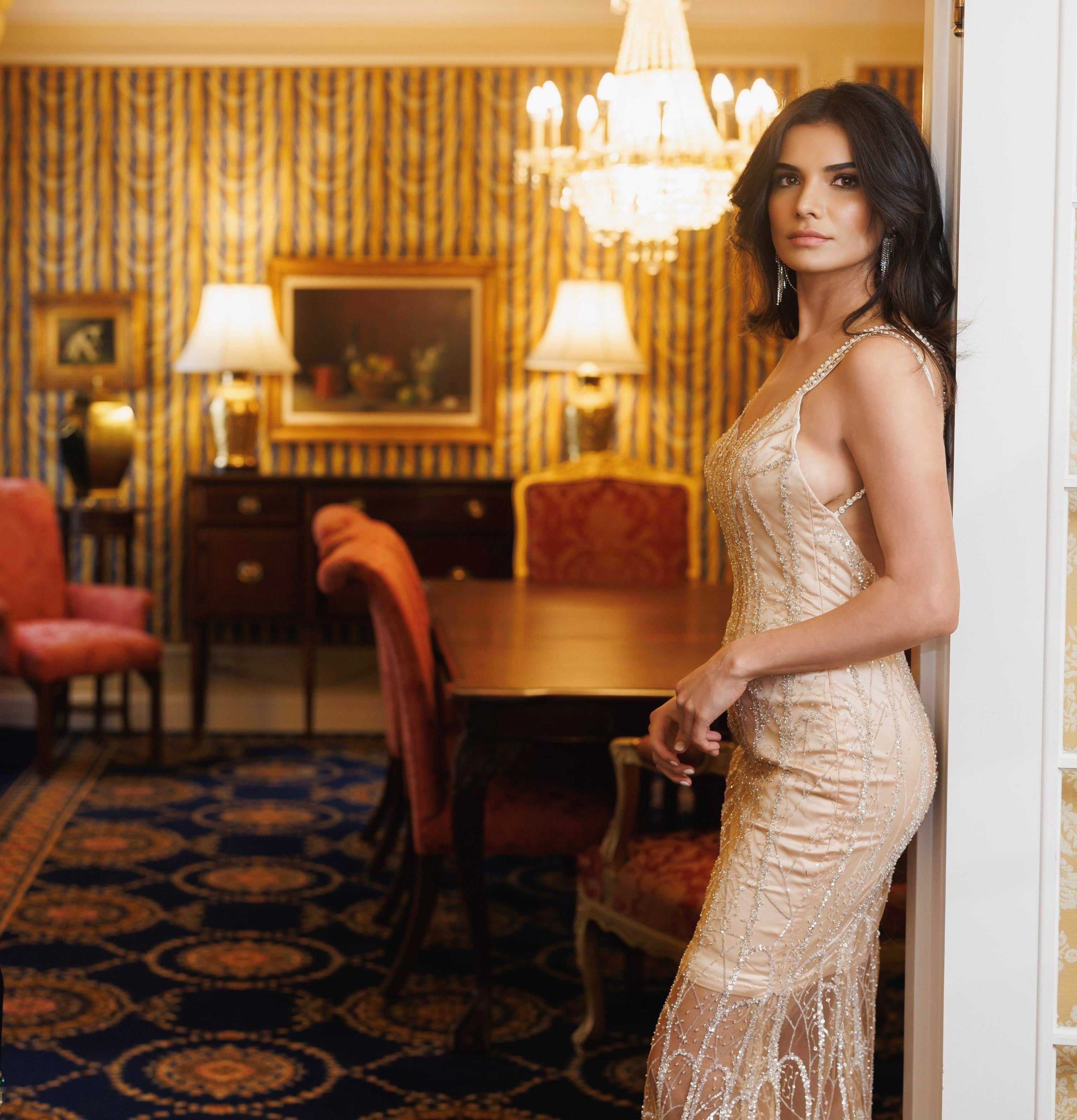 Elegant Golden Dress Tasha made from silk satin and Italian lace, perfect for special events and upscale occasions