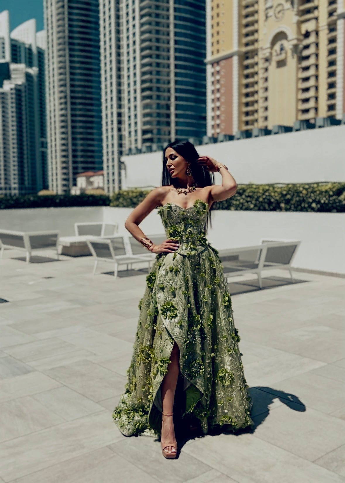 Green Summer Blossom dress crafted from liquid organza with handmade floral lace embroidery, showcased at Cannes 2024, perfect for summer events and special occasions.