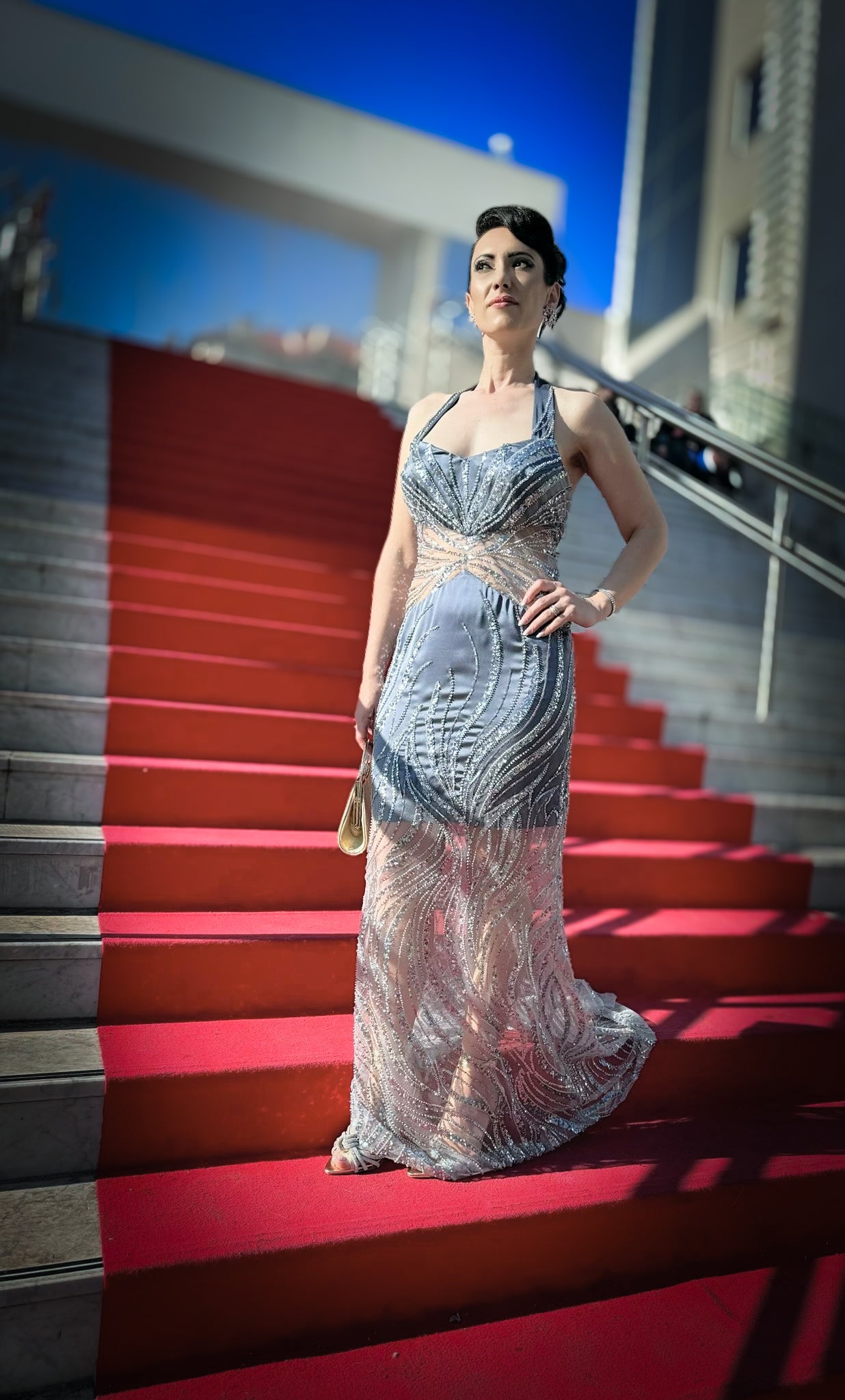 Victoria blue silk satin dress with silver embroidery, a stunning design showcased at Cannes 2024, perfect for formal events, galas, or red-carpet moments