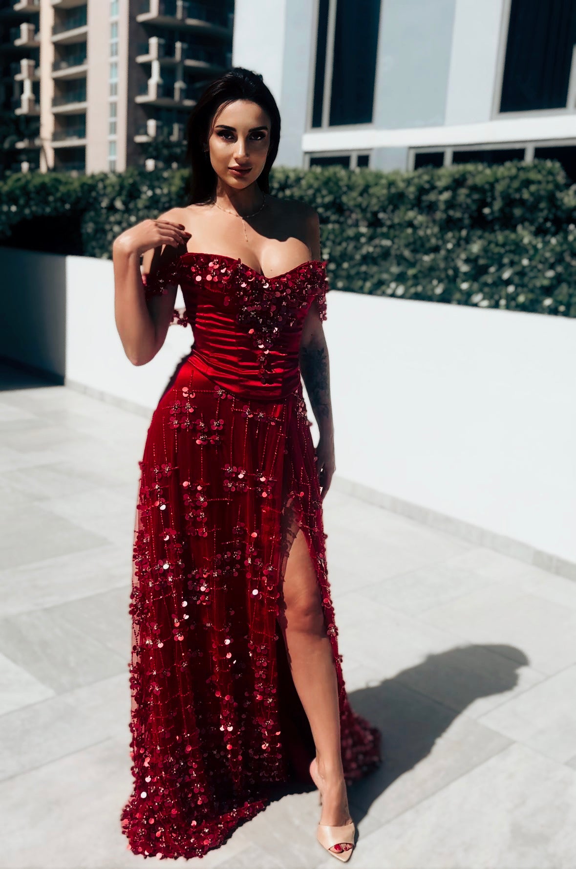 Miami Elegance red silk satin dress featuring heavy beaded and embroidered Italian handmade lace, a luxurious choice for formal events, galas, or glamorous evenings