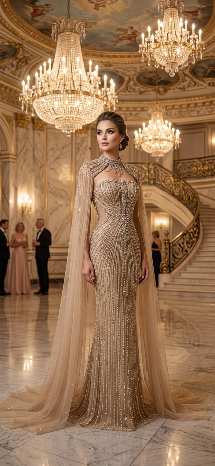 Crystal Column Gown with Cape
