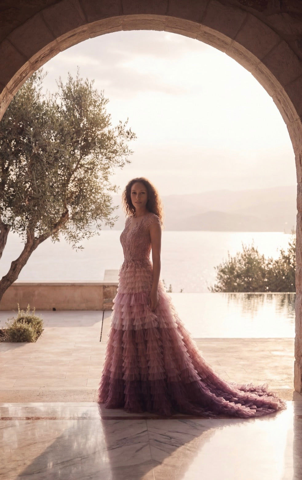 Ethereal Sunset Ruffle Gown in Dusty Rose