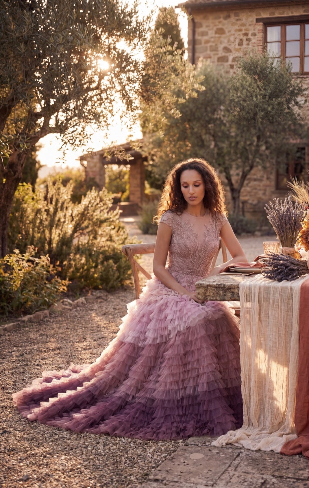 Ethereal Sunset Ruffle Gown in Dusty Rose