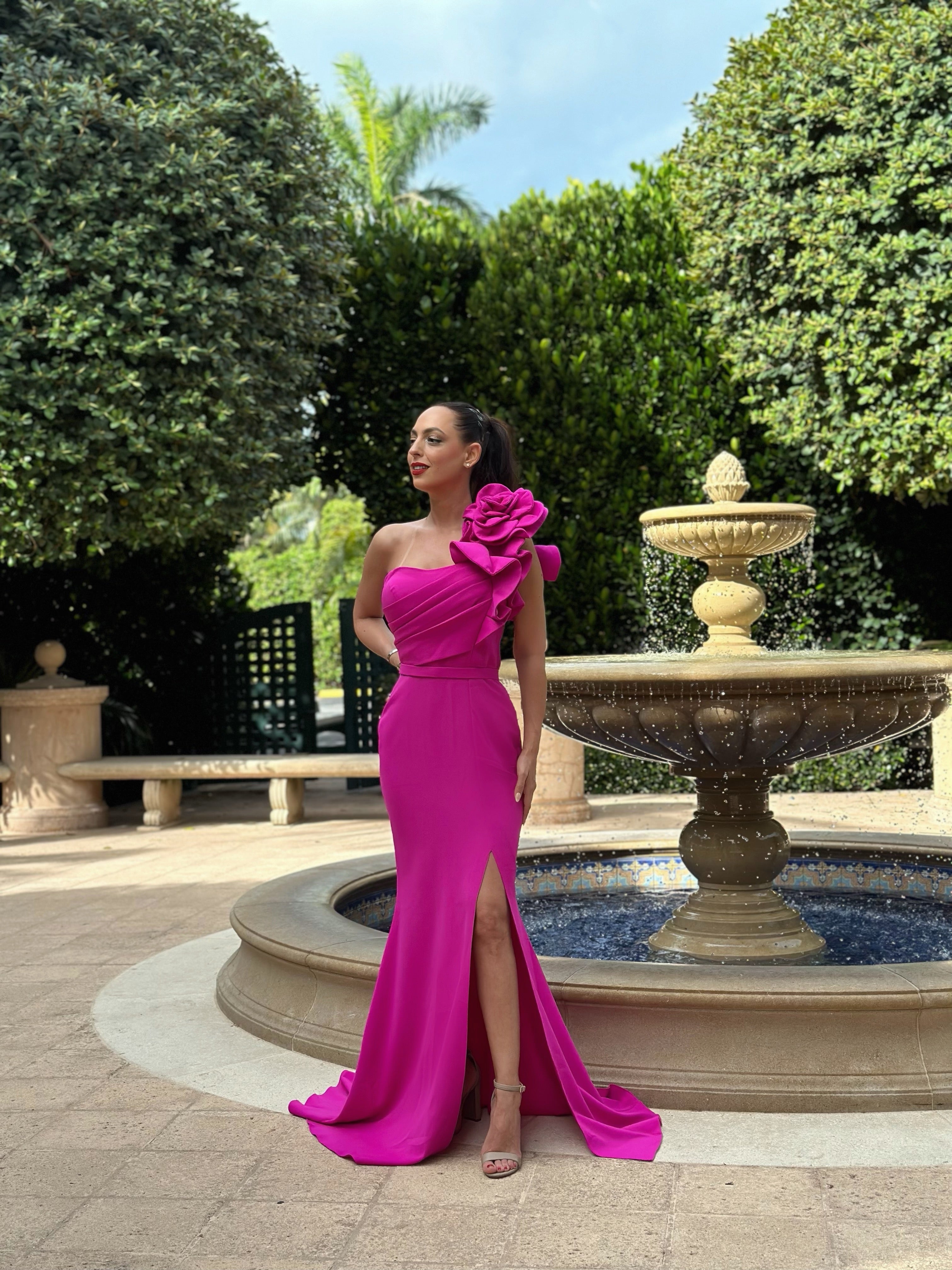 fuchsia designer dress Fuchsia Satin Mermaid high Slit formal dress with Side Slit and Sweep Train