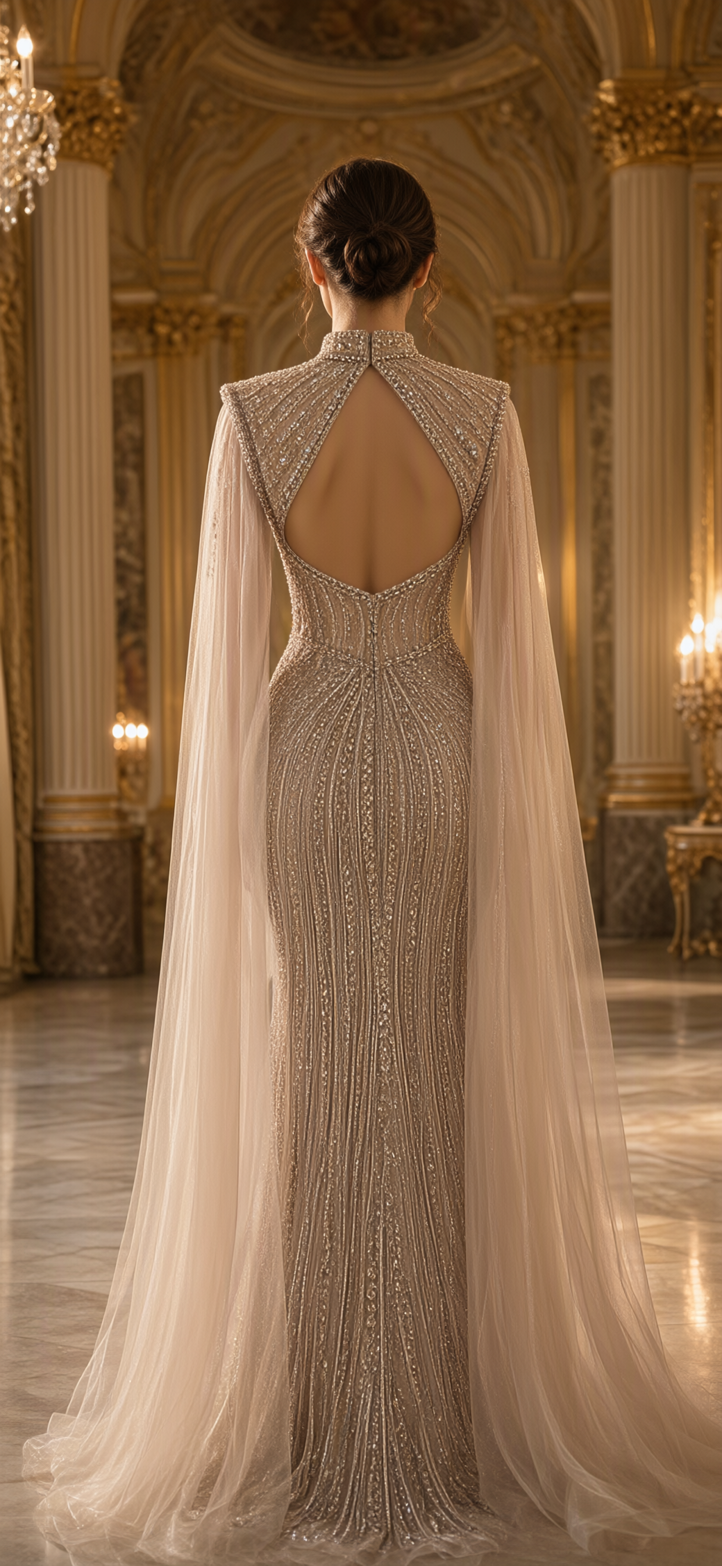 Crystal Column Gown with Cape